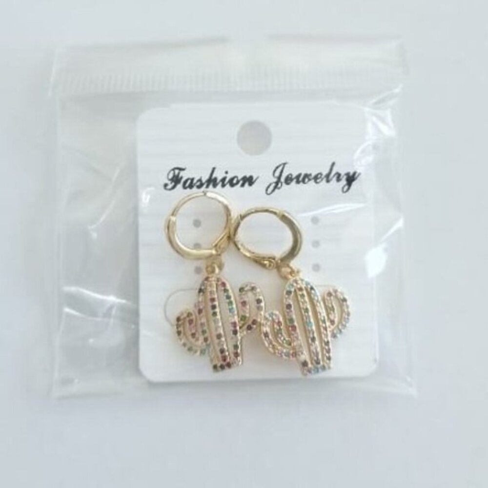 CACTUS -GOLD- plated-zirconia multicolor medium Stud Pendants Hoop Earrings